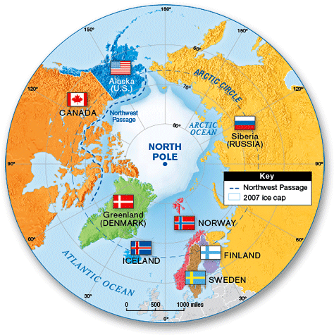Map of the Arctic circle and Arctic nations
