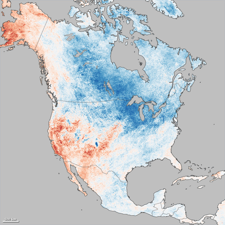 North America land surface temperature anomalies. Blue regions indicate colder than average temperatures, red regions indicate warmer than average temperatures.