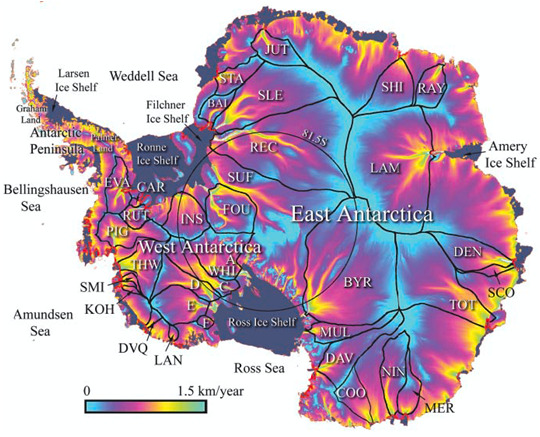 Antarctic glacier mass balance changes of flow rate