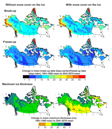 Predicted changes to lake ice break-up and freeze-up dates in the North American Arctic, as well as predicted changes to the ice cover thickness from the 1961-1990 mean to 2041-2070 mean