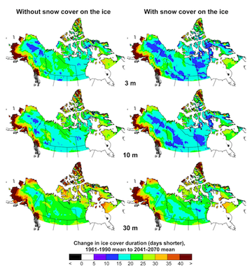 Change in ice cover duration by the mid-21st century for three hypothetical lake depths, both with and without snow cover on the ice, based on a future climate scenario