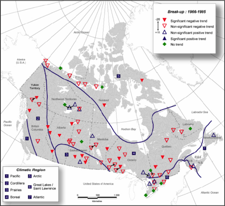 Trends in break-up dates observed at lakes in Canada between 1965 and 1995