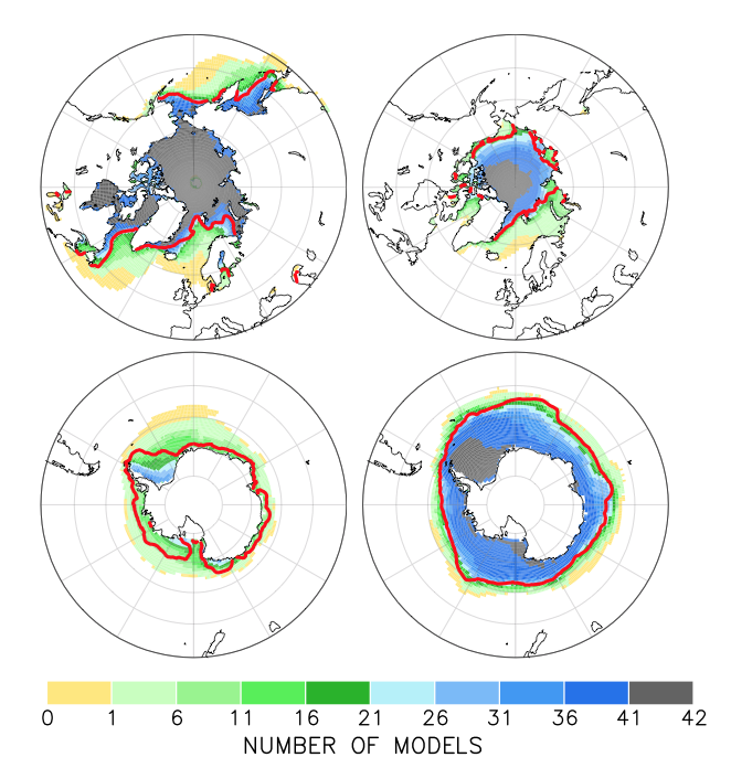 CIMP5 model simulated sea ice distribution in the Northern Hemisphere (September) and Southern Hemisphere (February)