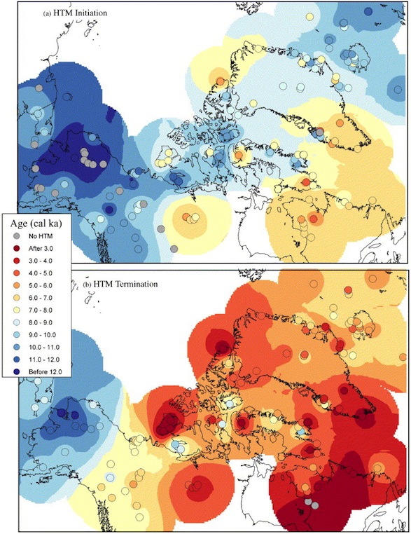 Geographic distribution of estimated Holocene warm period (a) Initiation and (b) Termination