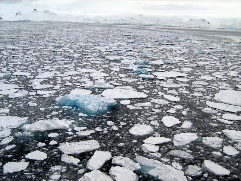 Broken ice in the ocean surrounding Antarctica