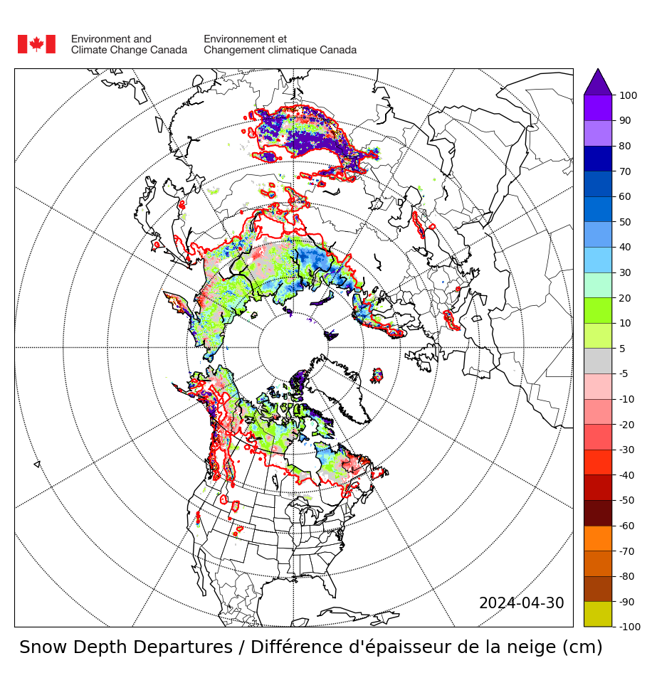 Mappa innevamento continentale. In rosso meno neve rispetto alla norma, in blu maggior presenza di neve rispetto alla norma.