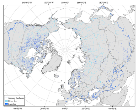 Freshwater ice distribution for rivers (light blue)
and lakes (dark blue) in the circumpolar Arctic